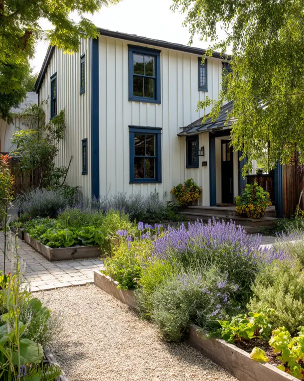 33 Blue and White Cottage Ideas That Always Feel Fresh 12 white and navy cottage exterior with white board-and-batten siding, navy window trim, black door, and a raised-bed kitchen garden