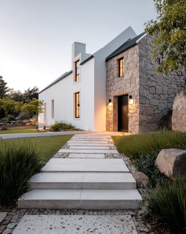 White Farmhouse with Stone Exterior: 29 Ideas That Feel Warm, Not Cold 12 Granite entry pavilion glowing at dusk beside the smooth white plaster wing of a farmhouse