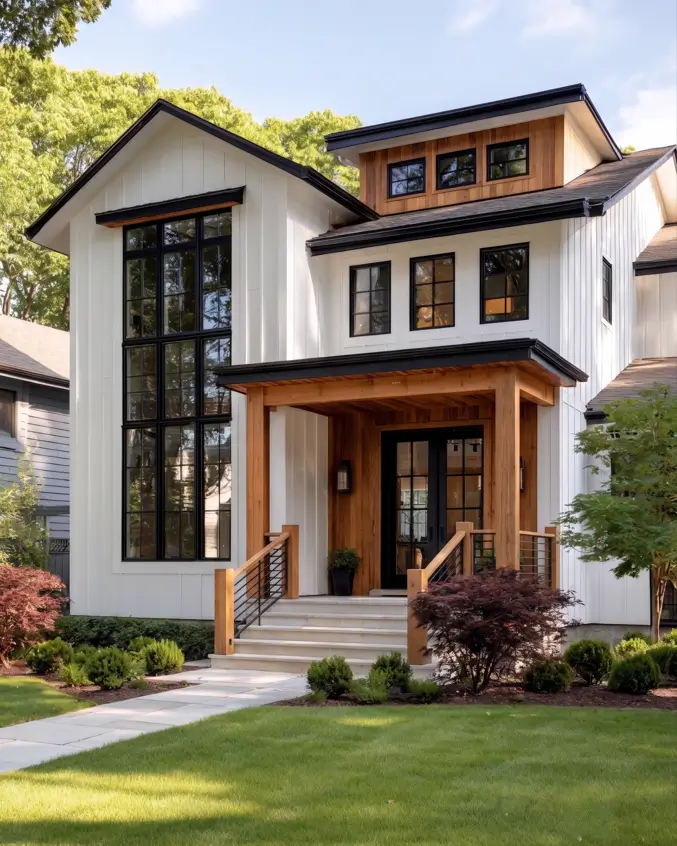 47 White Houses With Black Trim and Wood Accents We Love 12 Cedar-clad shed dormer above a matching timber entry on a white farmhouse