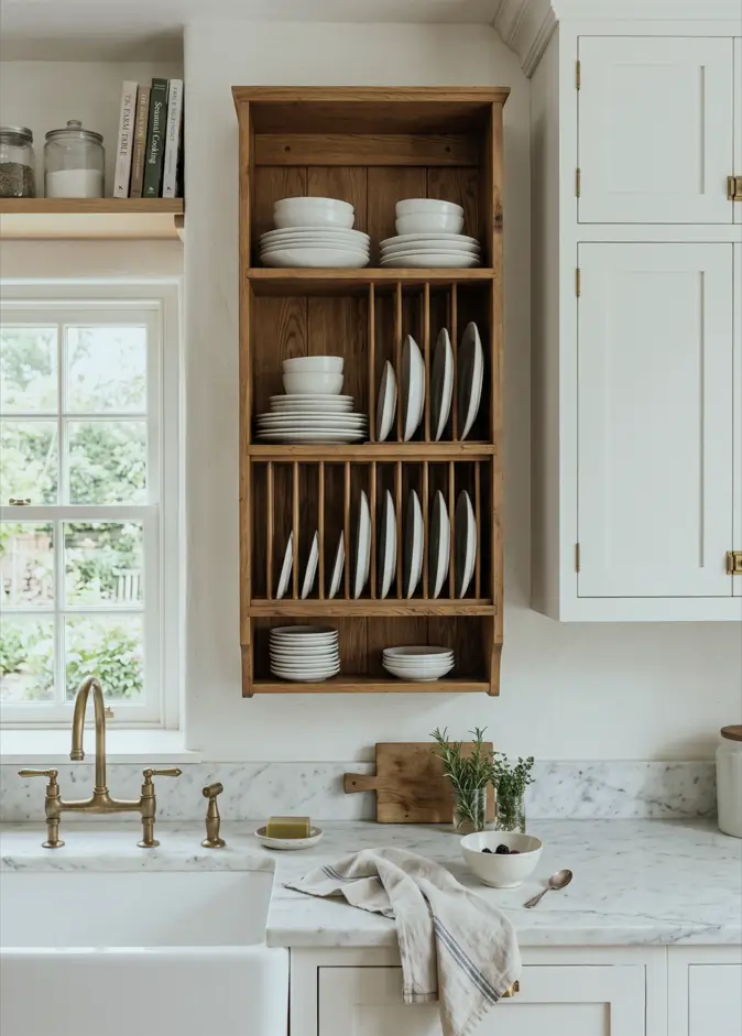 Farmhouse Kitchen Design Ideas: 36 Ways to Get the Look 12 Farmhouse kitchen with a wall-mounted wooden plate rack, white apron sink, marble counters, and an aged brass tap