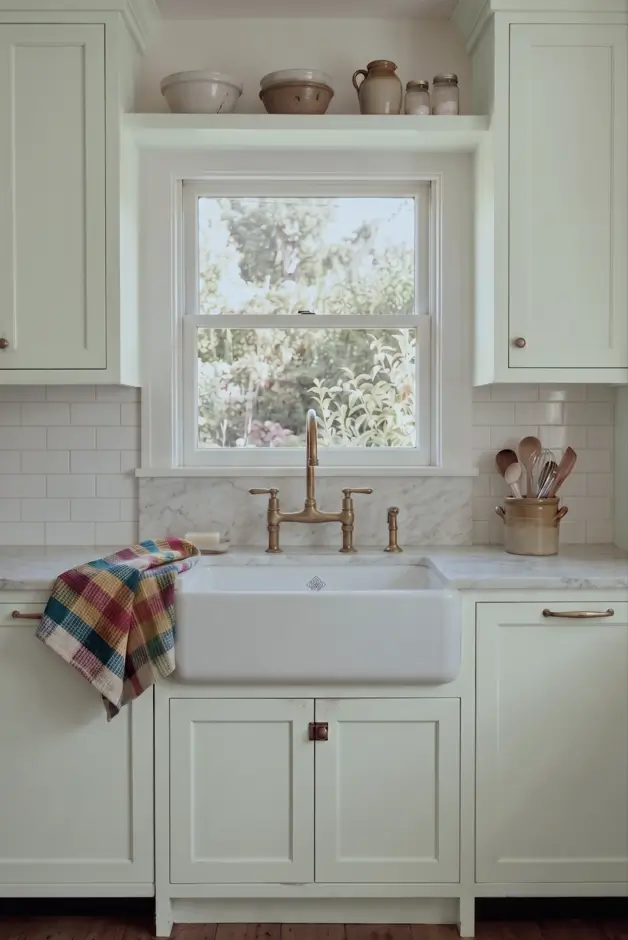 Farmhouse Kitchen Design Ideas: 36 Ways to Get the Look 13 Farmhouse kitchen sink with an unlacquered brass bridge faucet, white fireclay apron sink, and soft green shaker cabinets