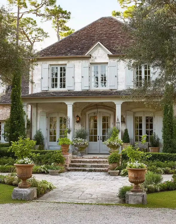French Country House Style: An Architect's Guide to the Exterior Look 13 French Country House Style home with terracotta garden urns, pale-blue shutters, and boxwood parterres