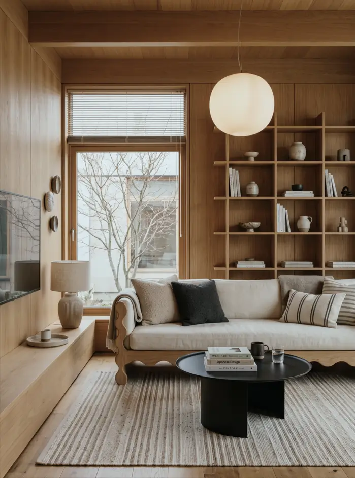 Japandi Style Living Room: Where Japanese Calm Meets Scandinavian Warmth 13 Japandi living room with a grid oak bookshelf, linen daybed sofa, paper globe pendant, and striped rug