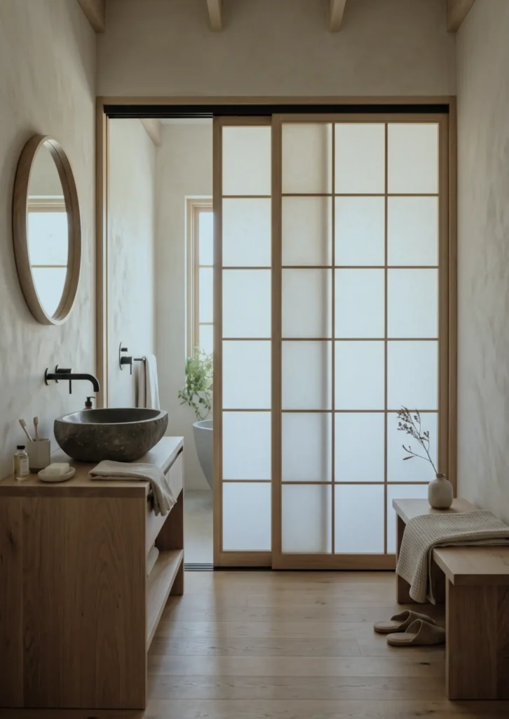 38 Japandi Style Bathroom Ideas for a Quietly Beautiful Space 13 Japandi style bathroom with an oak shoji screen, stone vessel basin, and limewash walls