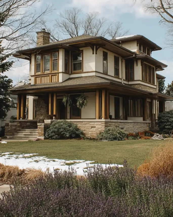 Prairie House Style: Key Features, History, and What Makes These Homes So Timeless 13 Prairie Foursquare house with wraparound porch, hipped roofs, and limestone foundation