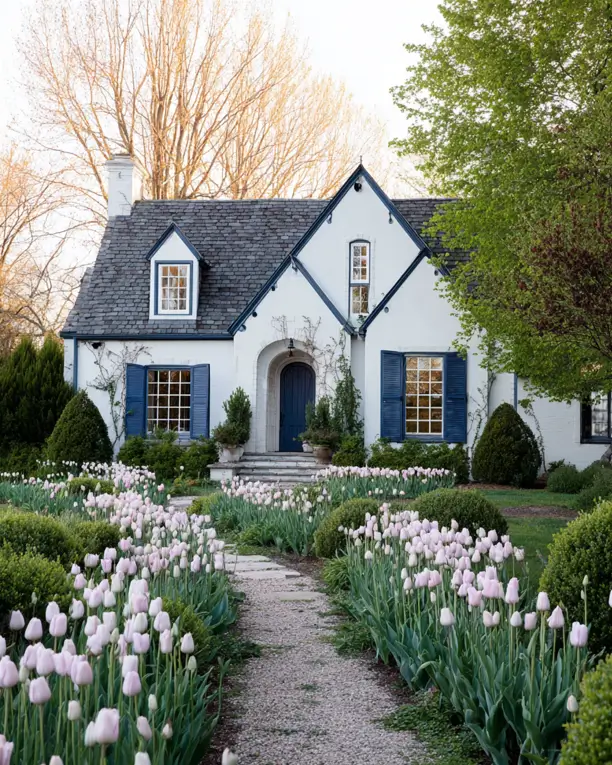 33 Blue and White Cottage Ideas That Always Feel Fresh 13 white and navy cottage exterior with white painted brick, navy shutters, navy door, steep Tudor gables, and a tulip-lined path