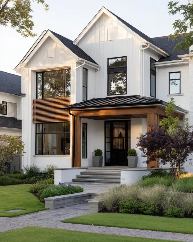 47 White Houses With Black Trim and Wood Accents We Love 13 Cedar slat screen shading a black-framed window on white board and batten siding