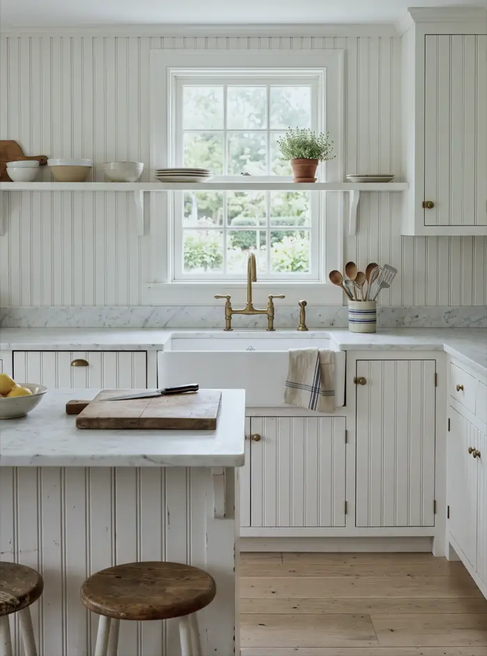 Farmhouse Kitchen Design Ideas: 36 Ways to Get the Look 14 Cream cottage farmhouse kitchen with beadboard cabinet fronts, marble counters, brass hardware, an apron sink, and wood stools