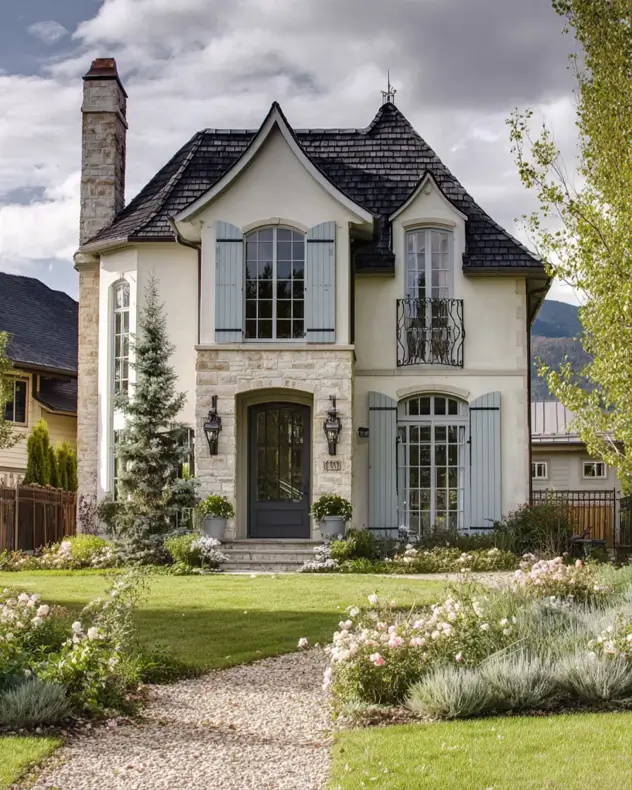 French Country House Style: An Architect's Guide to the Exterior Look 14 French Country House Design cottage with a steep flared roofline, blue arched shutters, and stone chimney