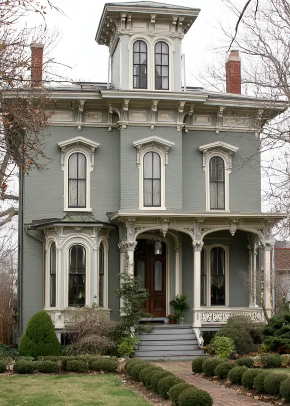 Italianate Style House: 33 Ideas and the Details That Give One Away 14 Glazed rooftop cupola on a gray-green brick Italianate style house with openwork porch trim below