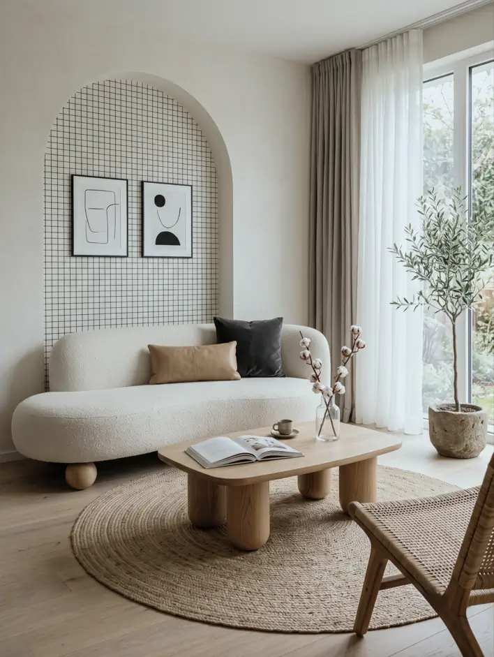 Japandi Style Living Room: Where Japanese Calm Meets Scandinavian Warmth 14 Japandi living room with a curved bouclé sofa, arched niche, oak coffee table, and round jute rug