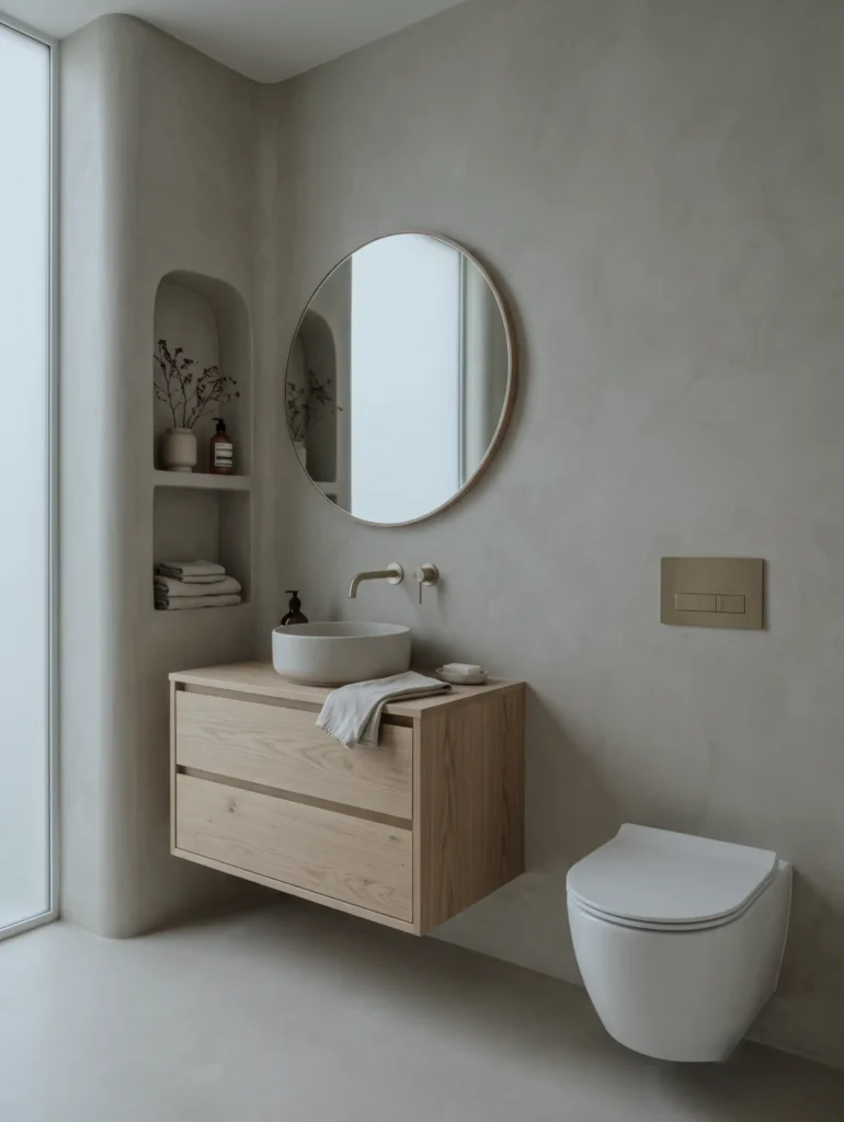 38 Japandi Style Bathroom Ideas for a Quietly Beautiful Space 14 Japandi style bathroom with a floating oak vanity, microcement walls, and arched storage niches