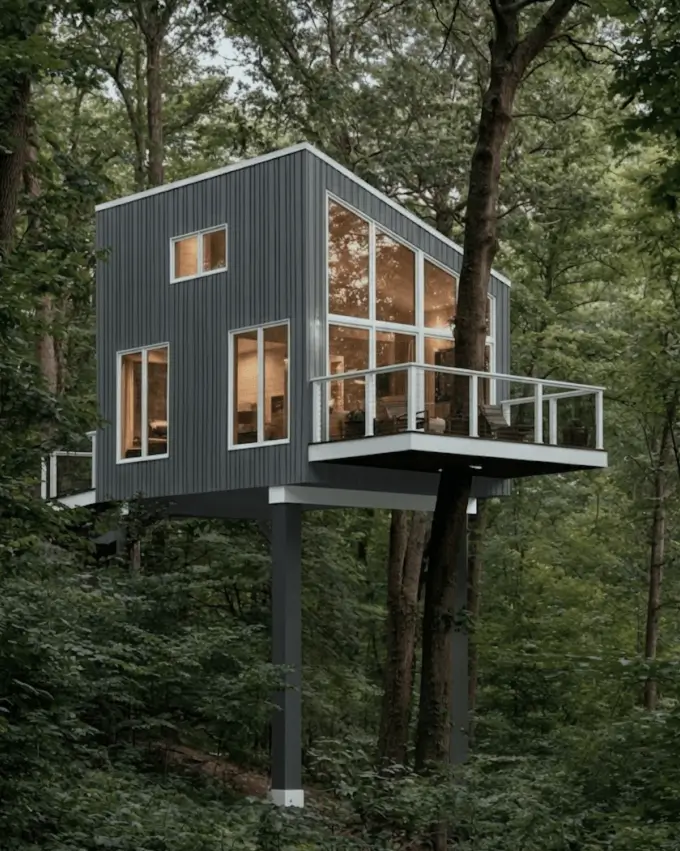 55 Treehouse Design Ideas, From Backyard Platforms to Canopy Cabins 14 Modern treehouse design ideas with grey vertical siding, a glass balustrade balcony and a single steel column support