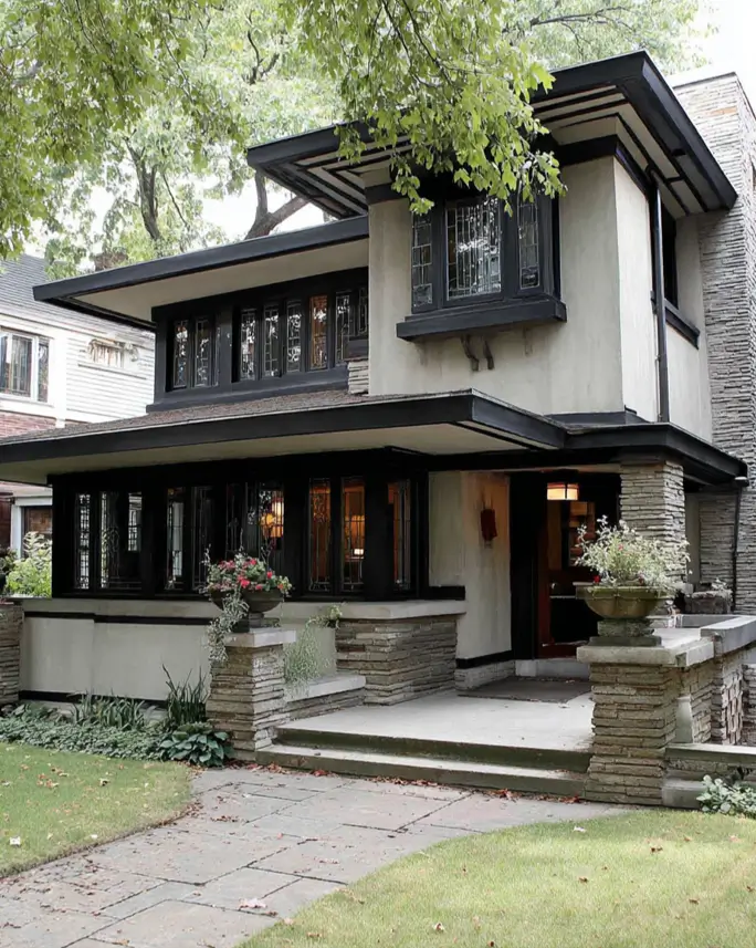 Prairie House Style: Key Features, History, and What Makes These Homes So Timeless 14 Prairie house style stucco exterior with black trim, flat roofs, and leaded art glass windows