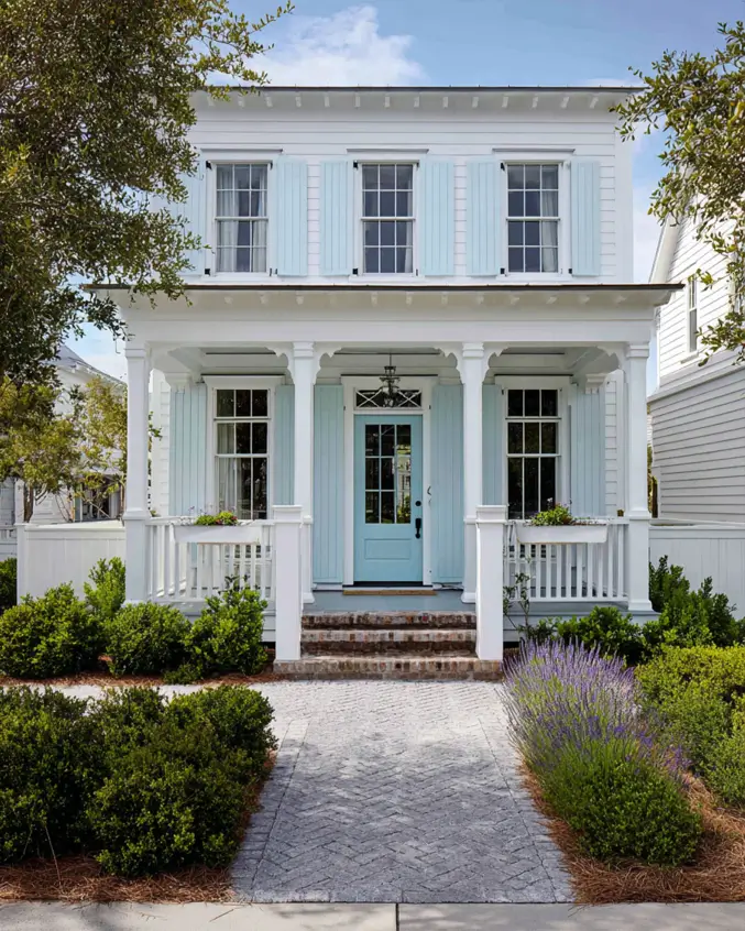 33 Blue and White Cottage Ideas That Always Feel Fresh 14 white and blue cottage exterior with white siding, pale ice-blue shutters, blue front door, columned porch, and a herringbone brick walk
