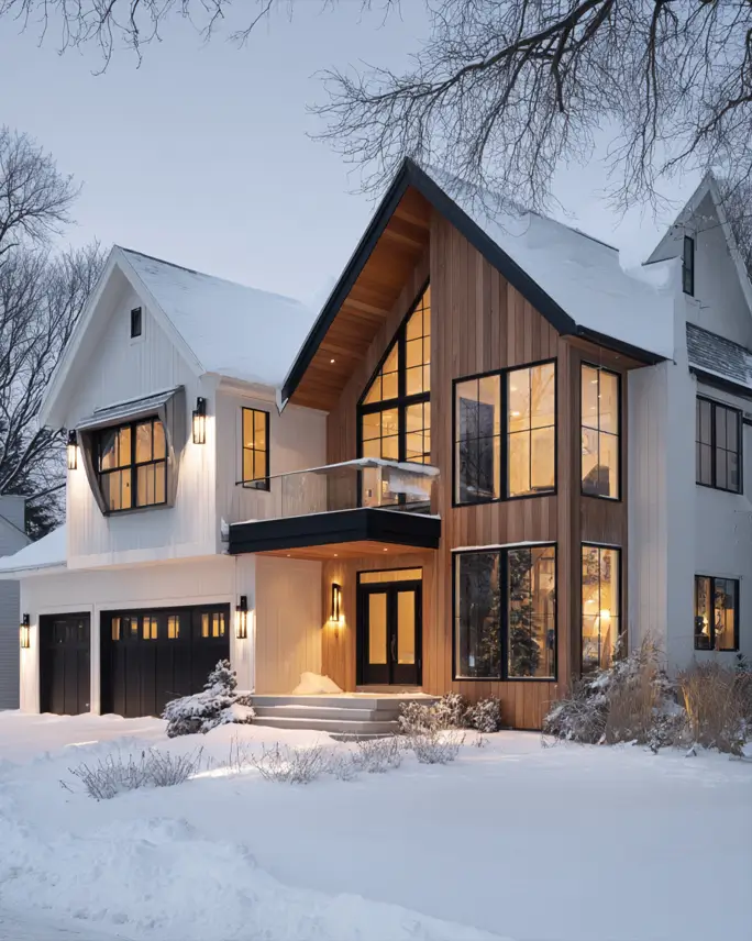47 White Houses With Black Trim and Wood Accents We Love 14 White house with black trim and wood accents on a cedar entry gable glowing in winter snow