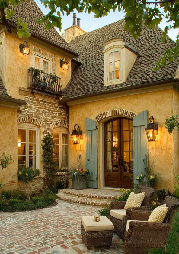 French Country House Style: An Architect's Guide to the Exterior Look 15 French Country House Style home with a brick-paved courtyard, sage shutters, and glowing iron lanterns