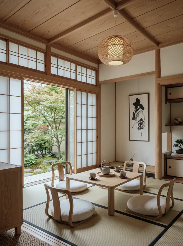 Japandi Style Living Room: Where Japanese Calm Meets Scandinavian Warmth 15 Traditional Japandi tatami room with shoji screens, a low tea table, floor chairs, and a garden view