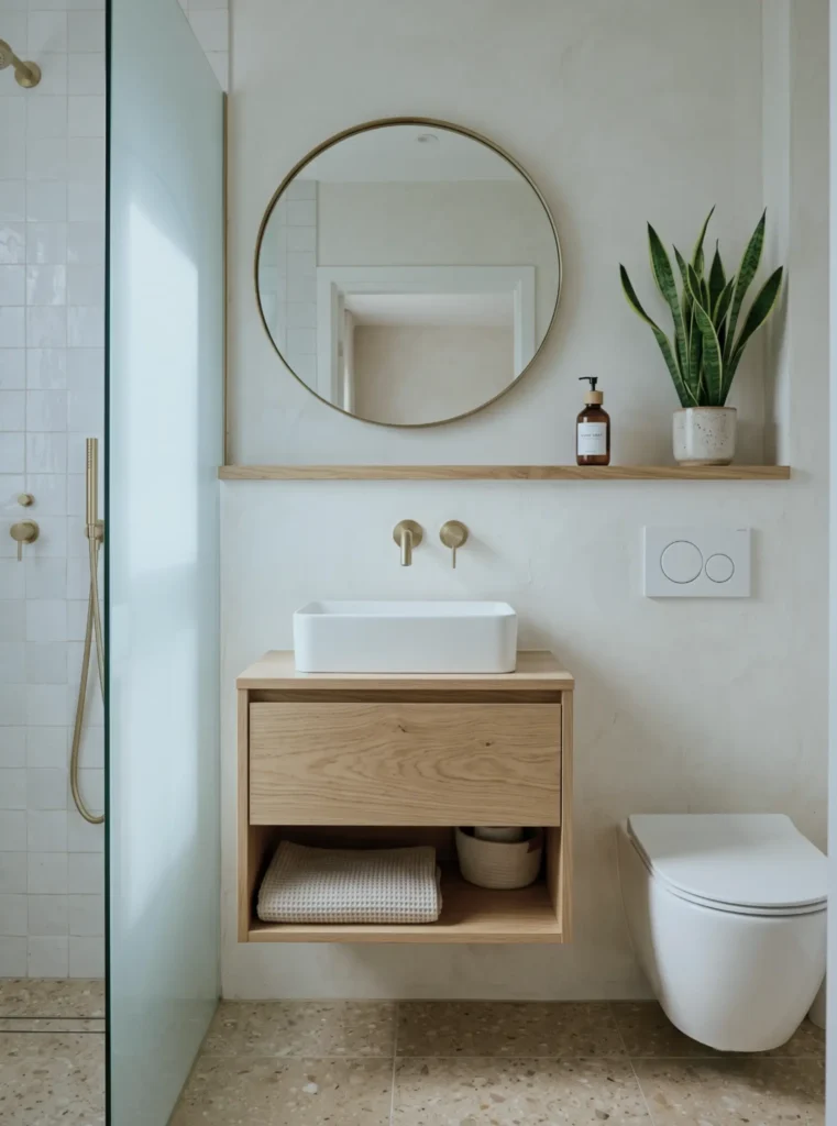 38 Japandi Style Bathroom Ideas for a Quietly Beautiful Space 15 Japandi style bathroom with an oak vanity, brushed brass tapware, and a warm terrazzo floor