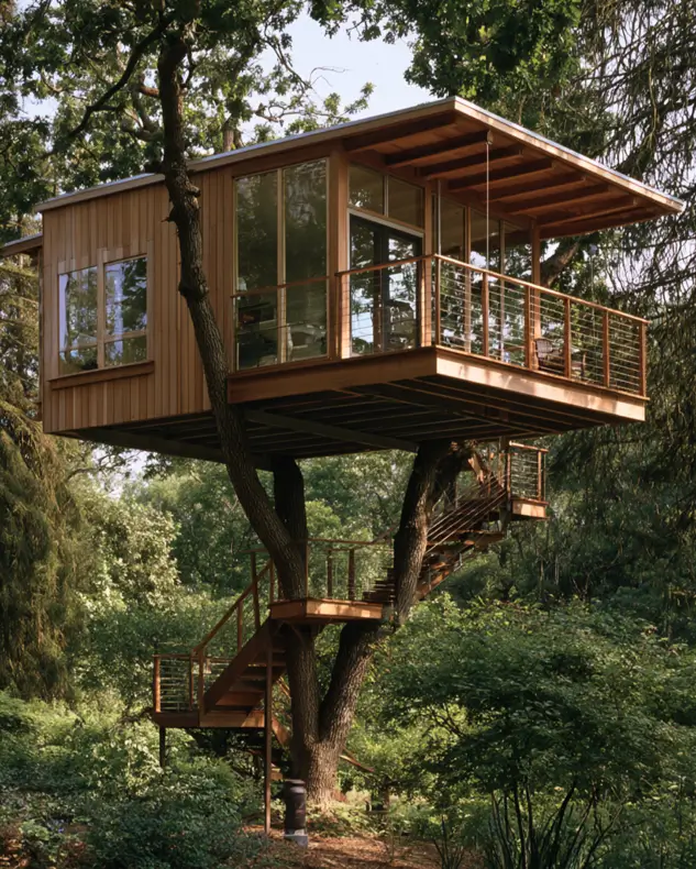 55 Treehouse Design Ideas, From Backyard Platforms to Canopy Cabins 15 Modern treehouse design ideas with cedar cladding, a deep flat roof overhang, cable railings and a switchback stair