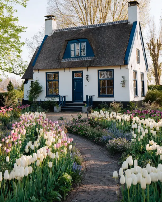 33 Blue and White Cottage Ideas That Always Feel Fresh 15 navy blue and white cottage exterior with white walls, navy window trim and door, and a thatched roof above a tulip garden