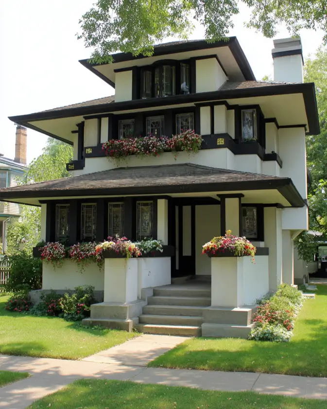 Prairie House Style: Key Features, History, and What Makes These Homes So Timeless 15 Tiered hipped roofs and black trim on a white stucco Prairie style house with flower boxes