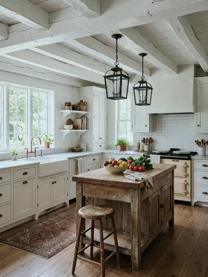 Farmhouse Kitchen Design Ideas: 36 Ways to Get the Look 15 Farmhouse kitchen with a whitewashed exposed-beam ceiling, cream cabinets, marble counters, a reclaimed wood island, and lantern pendants