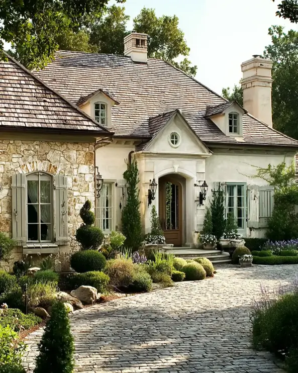 French Country House Style: An Architect's Guide to the Exterior Look 16 French Country House Style stone home with a round oculus window, gabled entry, and cedar-shingle roof