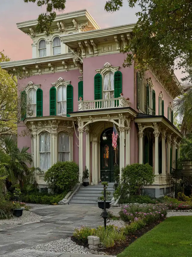 Italianate Style House: 33 Ideas and the Details That Give One Away 16 Soft pink Italianate style house with deep green louvered shutters and a small rooftop belvedere