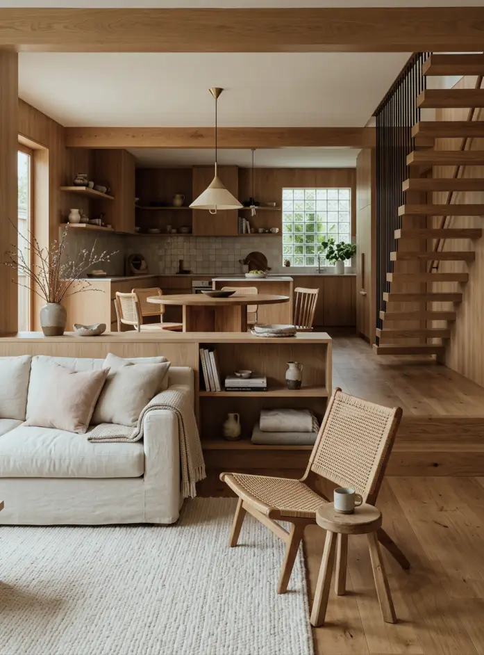 Japandi Style Living Room: Where Japanese Calm Meets Scandinavian Warmth 16 Open-plan Japandi living room with a low oak bookshelf divider, linen sofa, woven chair, and jute rug