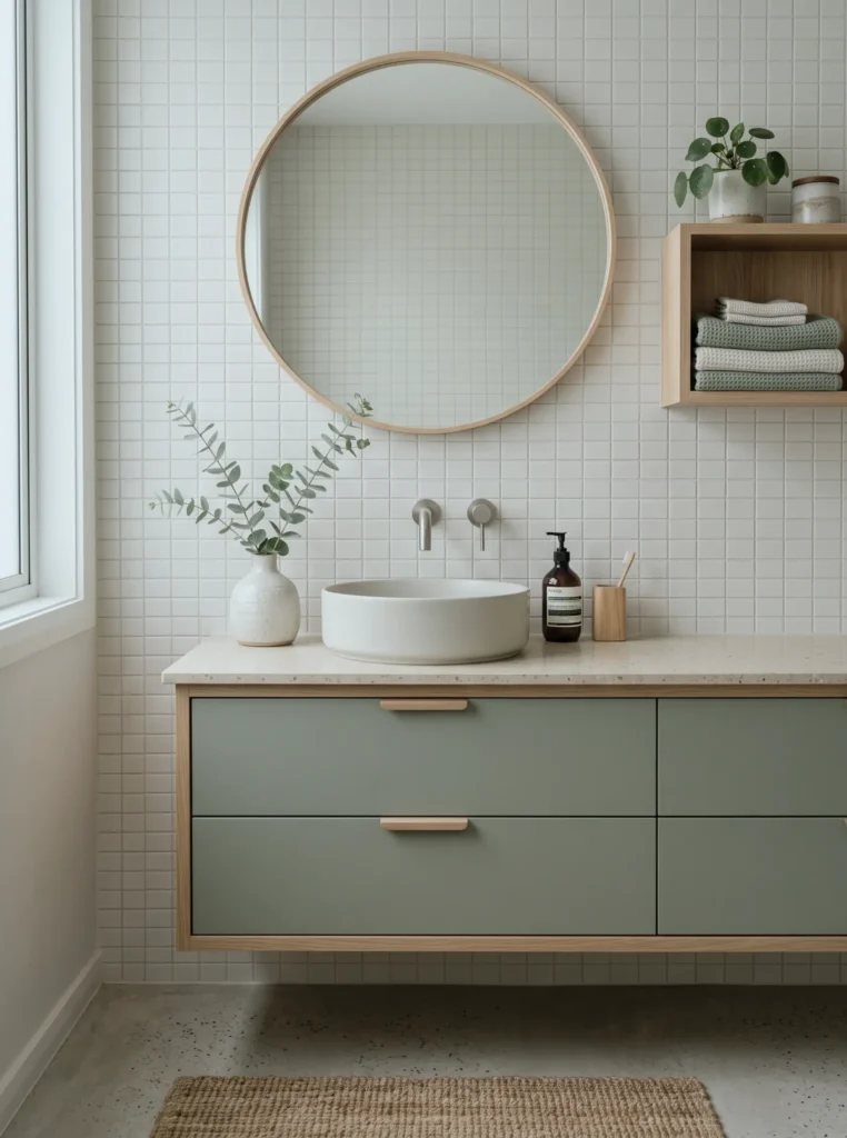 38 Japandi Style Bathroom Ideas for a Quietly Beautiful Space 16 Japandi style bathroom with a sage green vanity, white grid tile, and a terrazzo counter