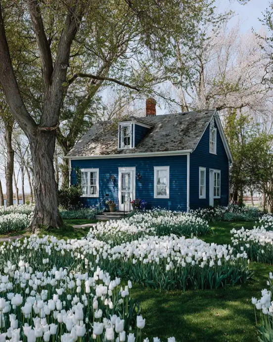 33 Blue and White Cottage Ideas That Always Feel Fresh 16 navy blue and white cottage exterior with deep navy lap siding, white window trim, brick chimney, and a field of white tulips