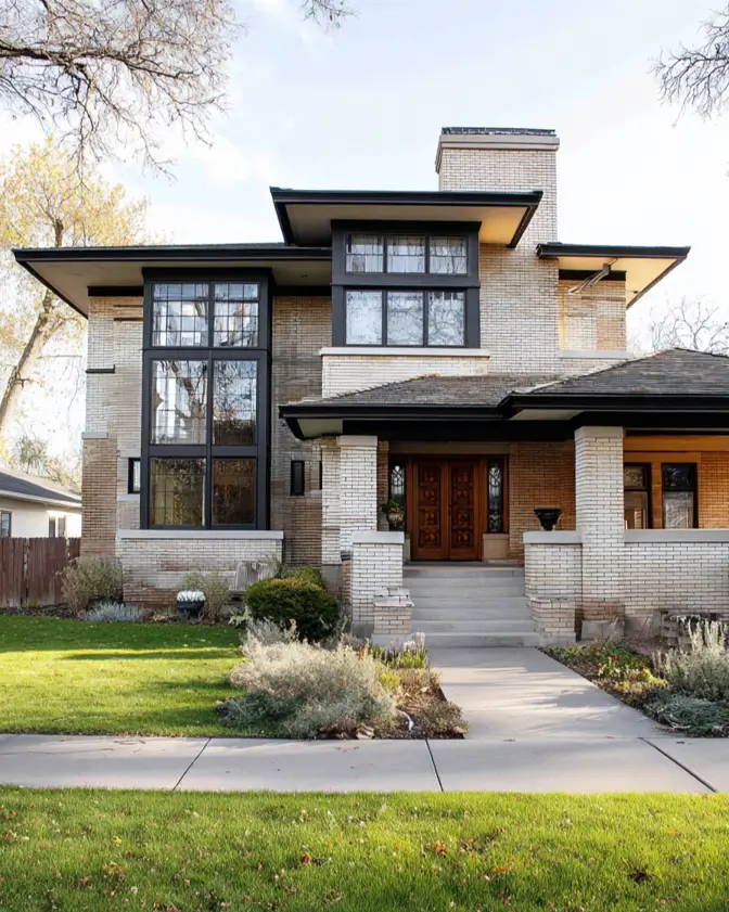 Prairie House Style: Key Features, History, and What Makes These Homes So Timeless 16 Prairie house architecture in blond Roman brick with flat cantilevered roofs and leaded windows