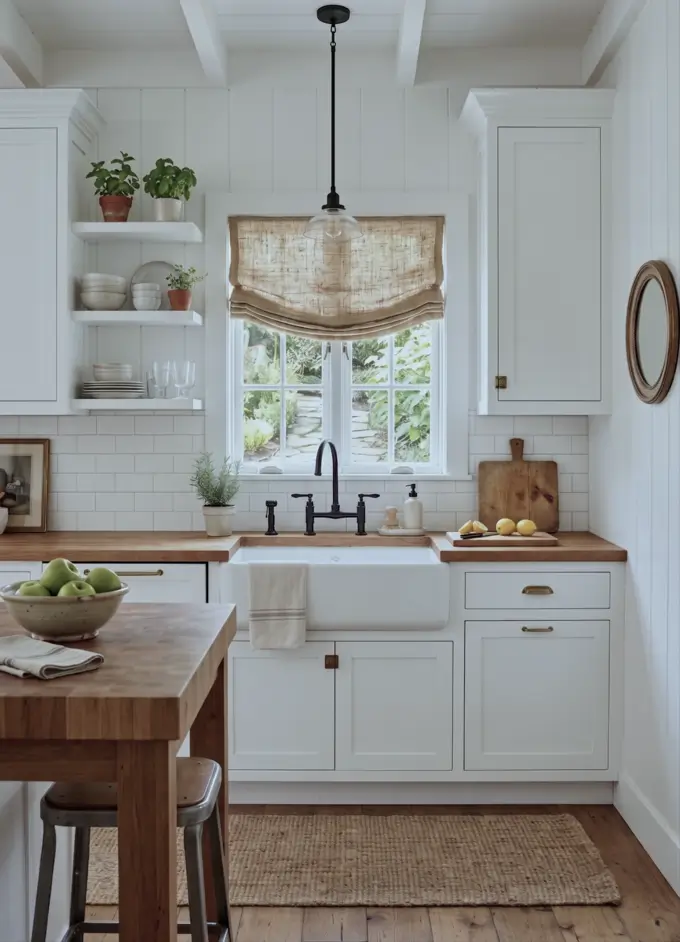 Farmhouse Kitchen Design Ideas: 36 Ways to Get the Look 16 Small white farmhouse kitchen with butcher block counters, open shelving, an apron sink, and a compact wood prep table