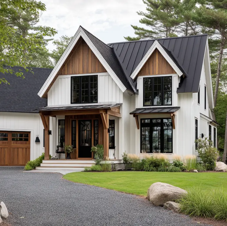 47 White Houses With Black Trim and Wood Accents We Love 16 Twin cedar gable peaks over a timber porch on a black-roofed white farmhouse