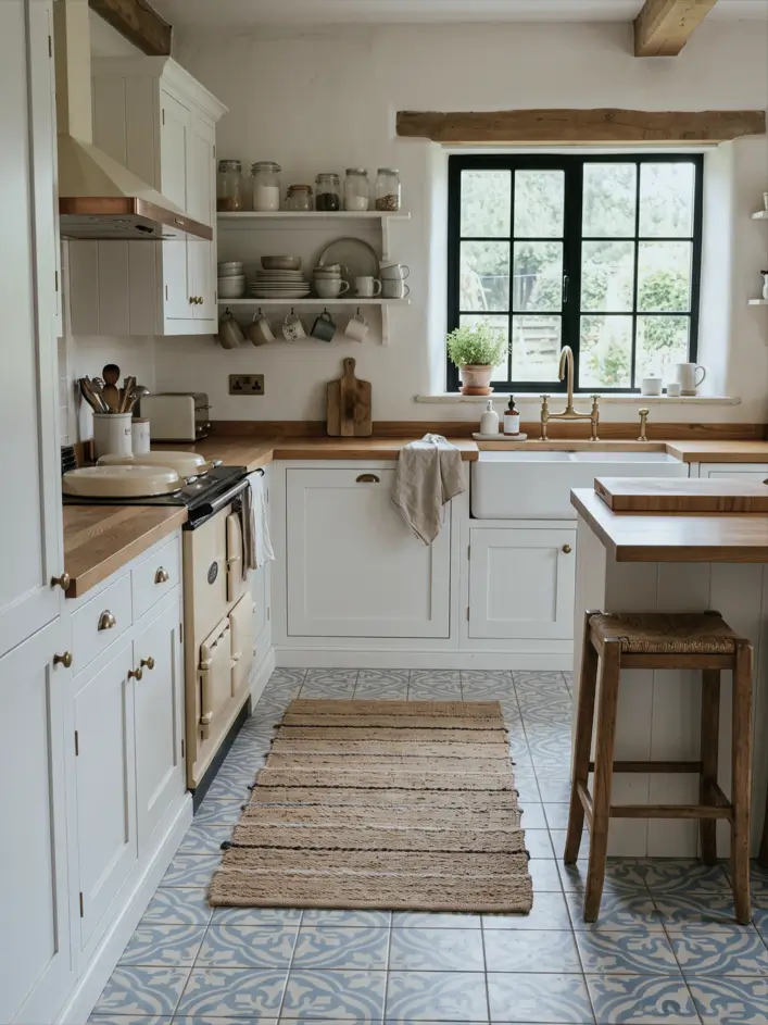 Farmhouse Kitchen Design Ideas: 36 Ways to Get the Look 17 Small cottage farmhouse kitchen with white cabinets, butcher-block counters, an apron sink, cream AGA range, and patterned blue tile floor