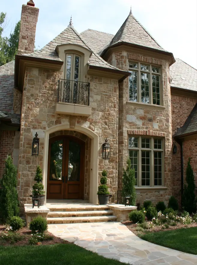 French Country House Style: An Architect's Guide to the Exterior Look 17 French Country House Design with a conical roof turret, mixed stone and brick walls, and arched wood doors
