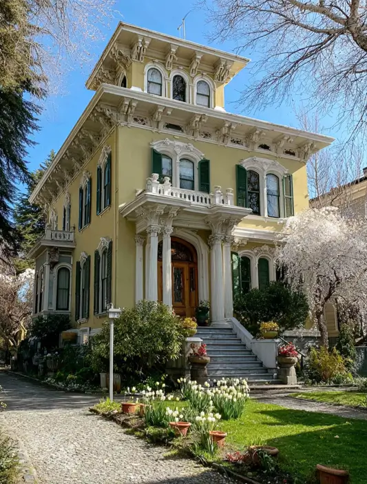 Italianate Style House: 33 Ideas and the Details That Give One Away 17 Carved window consoles on a pale yellow Italianate style house with a fluted portico and rooftop lantern