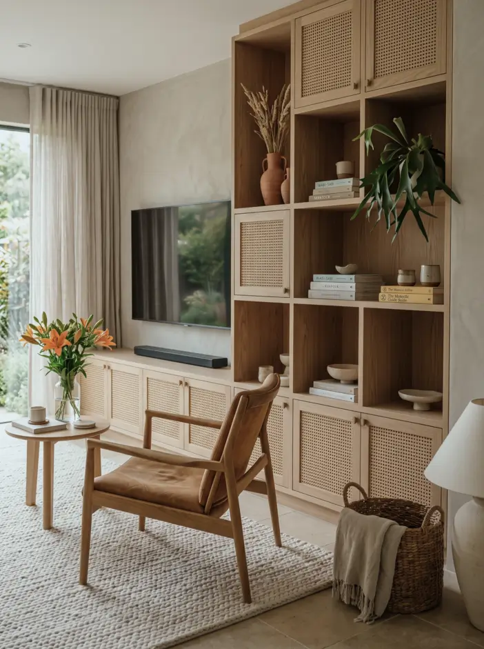 Japandi Style Living Room: Where Japanese Calm Meets Scandinavian Warmth 17 Japandi living room with cane-front oak cabinetry, a leather lounge chair, wool rug, and wall-mounted TV