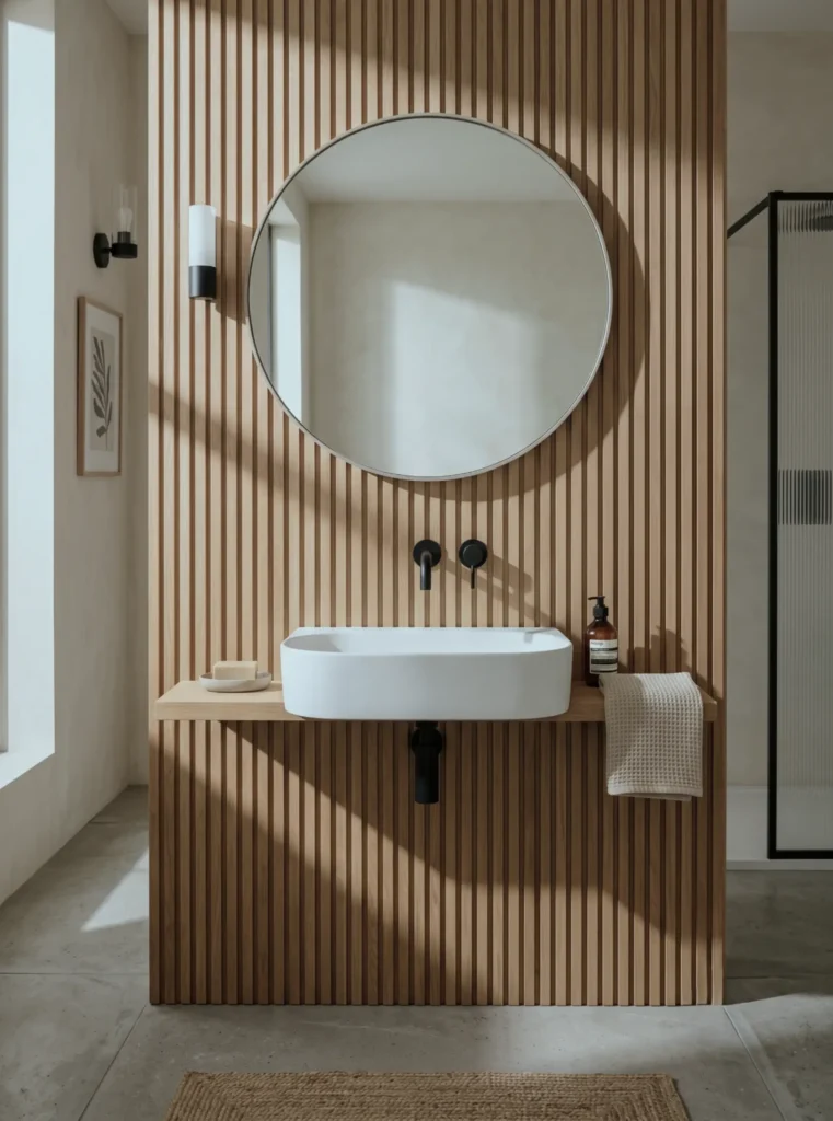 38 Japandi Style Bathroom Ideas for a Quietly Beautiful Space 17 Japandi style bathroom with a full-height oak slat wall, floating shelf vanity, and matte black tapware
