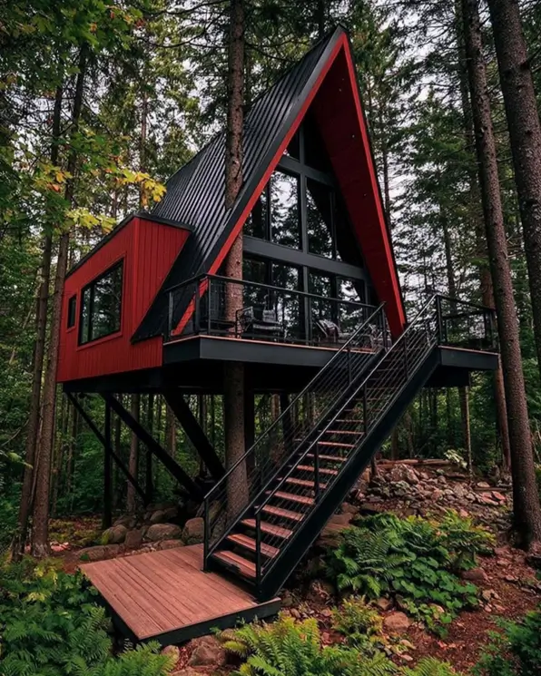 55 Treehouse Design Ideas, From Backyard Platforms to Canopy Cabins 17 Modern treehouse design ideas with a red A-frame cabin on black steel posts and an open steel stair