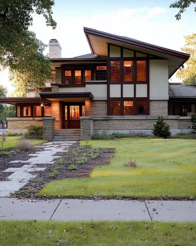 Prairie House Style: Key Features, History, and What Makes These Homes So Timeless 17 Prairie School house exterior at dusk with art glass windows, swept roofline, and limestone walls