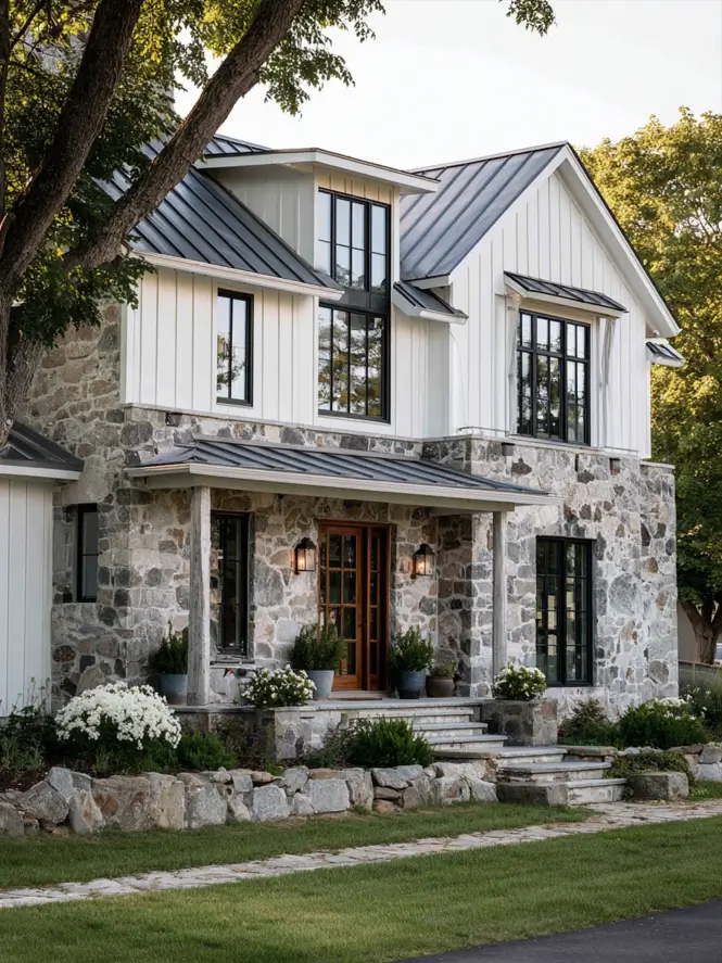 White Farmhouse with Stone Exterior: 29 Ideas That Feel Warm, Not Cold 17 White farmhouse with stone exterior first story rising to a stone parapet beneath board and batten siding