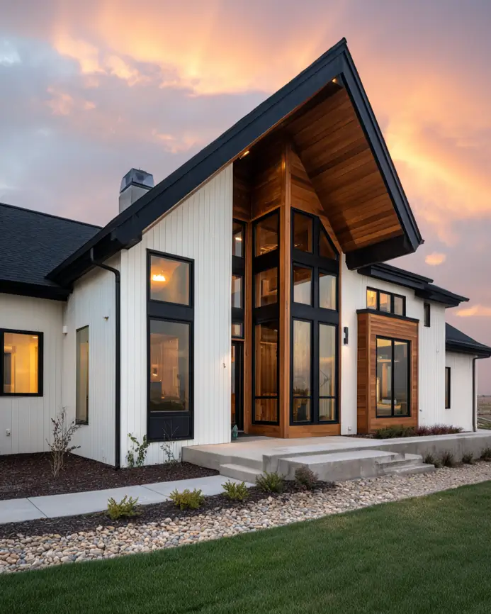 47 White Houses With Black Trim and Wood Accents We Love 17 Projecting sapele wood surround boxing a picture window on a white facade at sunset