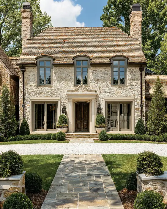 French Country House Style: An Architect's Guide to the Exterior Look 18 French Country House Style symmetrical stone facade with twin chimneys, arched dormers, and a centered door