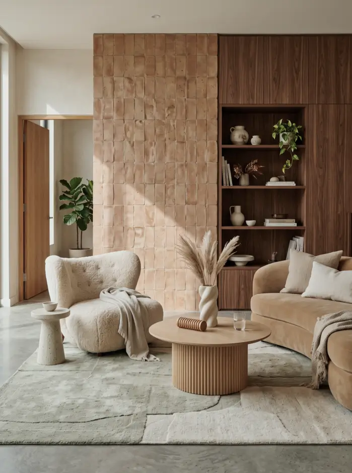Japandi Style Living Room: Where Japanese Calm Meets Scandinavian Warmth 18 Japandi living room with a terracotta tile feature wall, bouclé armchair, velvet sofa, and walnut shelving