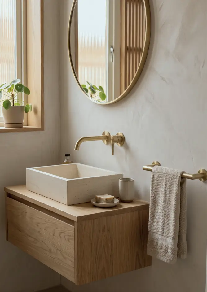 38 Japandi Style Bathroom Ideas for a Quietly Beautiful Space 18 Japandi style bathroom with a square stone basin, oak vanity, and a brushed brass wall tap