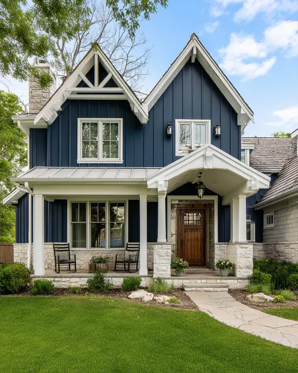 33 Blue and White Cottage Ideas That Always Feel Fresh 18 navy blue and white cottage exterior with navy board-and-batten siding, white trim, stone porch columns, twin gables, and a wood front door