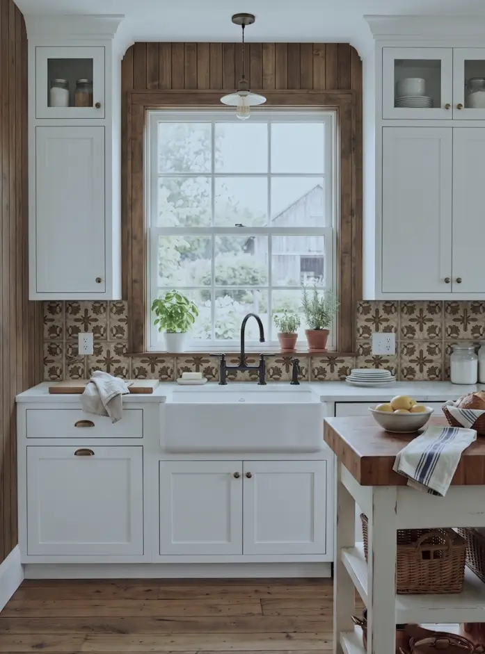 Farmhouse Kitchen Design Ideas: 36 Ways to Get the Look 18 White farmhouse kitchen with a patterned encaustic tile backsplash, apron sink, brass hardware, and a wood plank feature wall