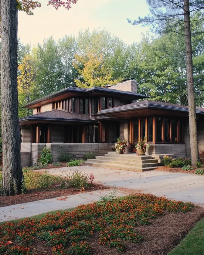 Prairie House Style: Key Features, History, and What Makes These Homes So Timeless 18 Wood-framed ribbon windows wrapping the corners of a brick Prairie style house in autumn